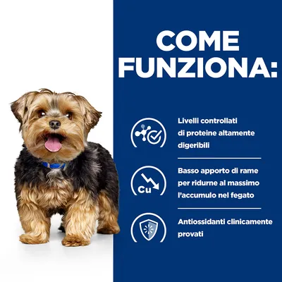 COME FUNZIONA: Livelli controllati di proteine altamente digeribili, basso apporto di rame per ridurne l'accumulo nel fegato, antiossidanti clinicamente provati.