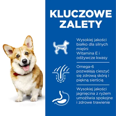 Kluczowe zalety: wysokiej jakości białko dla silnych mięśni, witamina E i odżywcze kwasy, omega-6 dla zdrowej skóry i sierści, jagnięcina z ryżem wspiera spokojne trawienie.