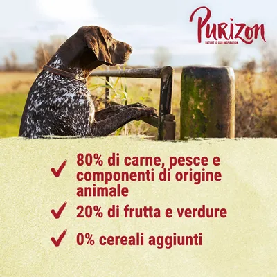 Purizon. 80% di carne, pesce e componenti di origine animale, 20% di frutta e verdure, 0% cereali aggiunti.