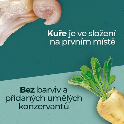 Kuře je ve složení na prvním místě. Bez barviv a přidaných umělých konzervantů.