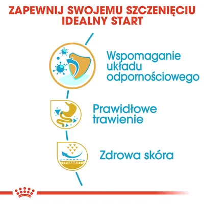 Zapewnij swojemu szczenięciu idealny start: wspomaganie układu odpornościowego, prawidłowe trawienie, zdrowa skóra. Grafika z ikonami i tekstem.