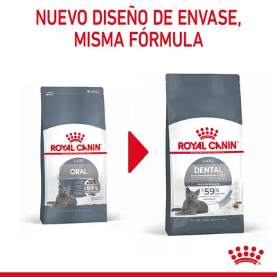 Nuevo diseño de envase, misma fórmula. Royal Canin Care Oral pasa a llamarse Care Dental. Imagen de ambos sacos con gato y texto: -59 % tartar formation in 28 days.