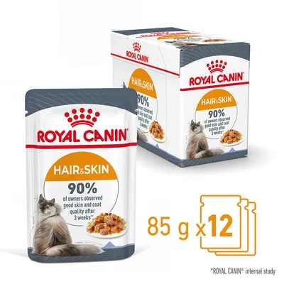 Royal Canin Hair & Skin, 85g x12 packs. 90% of owners observed good skin and coat quality after 3 weeks. Image shows product pouch, box, and portion illustration.