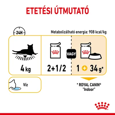 Etetési útmutató: 4 kg-os macska napi adagja 2 és fél tasak vagy 1 tasak + 34 g ROYAL CANIN Indoor. Metabolizálható energia: 908 kcal/kg. Víz mindig legyen elérhető.