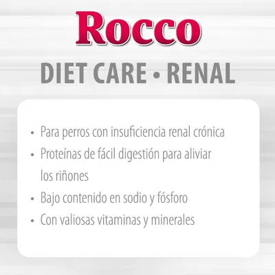 Rocco DIET CARE RENAL. Para perros con insuficiencia renal crónica, proteínas de fácil digestión, bajo en sodio y fósforo, con valiosas vitaminas y minerales.