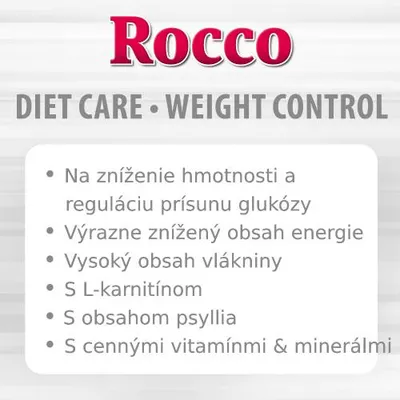 Rocco DIET CARE WEIGHT CONTROL: na zníženie hmotnosti, reguláciu prísunu glukózy, znížený obsah energie, vysoký obsah vlákniny, L-karnitín, psyllium, vitamíny a minerály.