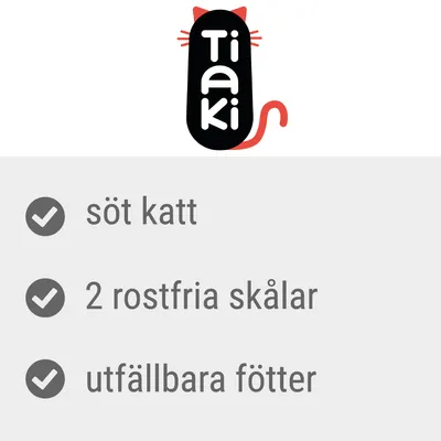Tiaki. Söt katt, 2 rostfria skålar, utfällbara fötter.