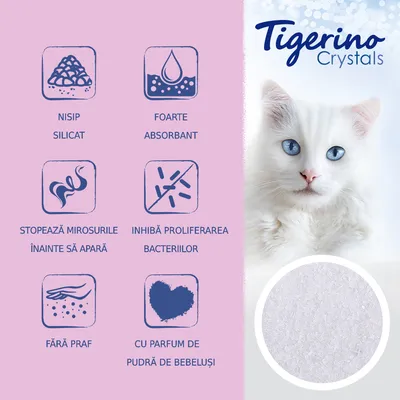 Tigerino Crystals. Nisip silicat, foarte absorbant, stopează mirosurile înainte să apară, inhibă proliferarea bacteriilor, fără praf, cu parfum de pudră de bebeluși.