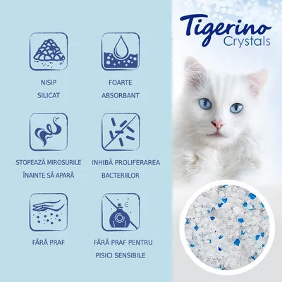 Tigerino Crystals. Nisip silicat, foarte absorbant, stopează mirosurile înainte să apară, inhibă proliferarea bacteriilor, fără praf, fără praf pentru pisici sensibile.