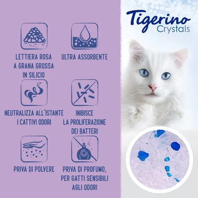 Tigerino Crystals lettiera rosa a grana grossa in silicio, ultra assorbente, neutralizza i cattivi odori, inibisce batteri, priva di polvere e profumo, per gatti sensibili agli odori.