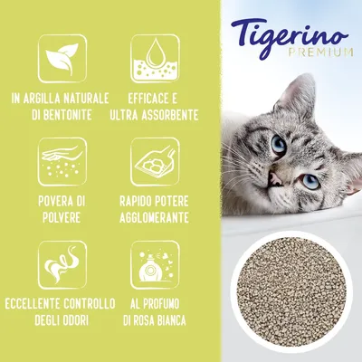 Tigerino Premium. In argilla naturale di bentonite, efficace e ultra assorbente, povera di polvere, rapido potere agglomerante, eccellente controllo odori, al profumo di rosa bianca.
