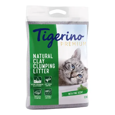 Tigerino Premium Natural Clay Clumping Litter, с изображение на котка. Текст: Ultra absorbent & efficient, fast odour control, immediate clumping, extremely low-dust, with pine scent, 12 кг.