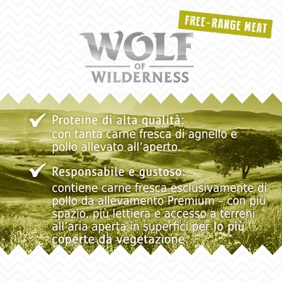 Wolf of Wilderness. Free-range meat. Proteine di alta qualità: con tanta carne fresca di agnello e pollo allevato all’aperto. Responsabile e gustoso: contiene carne fresca esclusivamente di pollo da allevamento Premium.