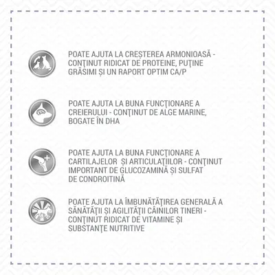 Poate ajuta la creșterea armonioasă, funcționarea creierului, cartilajelor și articulațiilor, îmbunătățirea sănătății câinilor tineri. Conținut ridicat de proteine, DHA, glucozamină, vitamine.