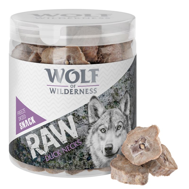 Wolf of Wilderness RAW Duck Necks, συσκευασία με λυοφιλοποιημένα σνακ πάπιας. Εμφανίζονται κομμάτια προϊόντος δίπλα στη διαφανή συσκευασία. Ορατό κείμενο: Freeze Dried Snack.