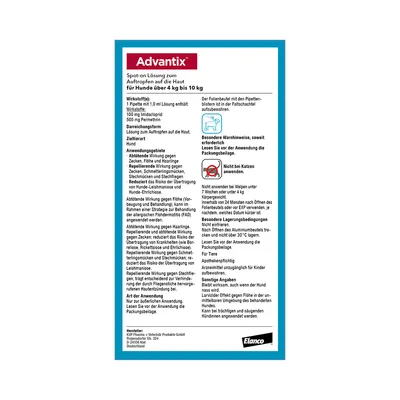 Advantix Spot-on Lösung für Hunde über 4 kg bis 10 kg. Wirkstoffe: Imidacloprid, Permethrin. Nicht bei Katzen anwenden. Lesen Sie vor Anwendung die Packungsbeilage.