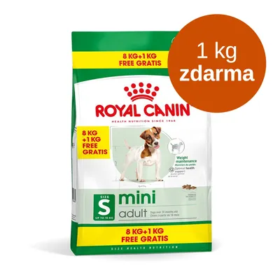 ROYAL CANIN mini adult 8 kg + 1 kg zdarma, nápis 8 KG + 1 KG FREE GRATIS, balení s obrázkem psa, velikost S do 10 kg, Weight maintenance, Optimal health
