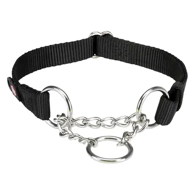 Collare nero per cani con cinturino in nylon e catena in metallo, regolabile con due anelli in metallo.