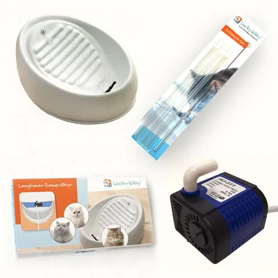 Lucky-Kitty keramička fontana za vodu, zamjenski filter za dugodlake mačke, set četkica za čišćenje i pumpa, svi dijelovi prikazani na slici.