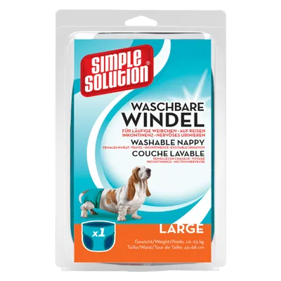 Confezione Simple Solution Waschbare Windel Large, pannolino lavabile per cani femmine, 1 pezzo, peso 16–25 kg, girovita 45–68 cm. Testo in tedesco, inglese e francese visibile.