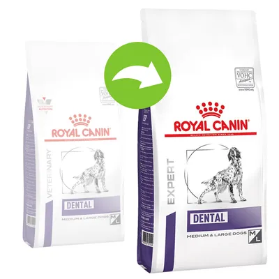 Packaging change from Royal Canin Veterinary Dental Medium & Large Dogs to Royal Canin Expert Dental Medium & Large Dogs, indicated by green arrow.