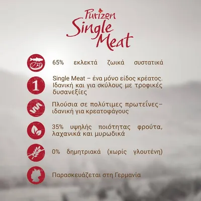 Purizon Single Meat: 65% εκλεκτά ζωικά συστατικά, ένα είδος κρέατος, πλούσια σε πρωτεΐνες, 35% φρούτα και λαχανικά, 0% δημητριακά (χωρίς γλουτένη), παρασκευάζεται στη Γερμανία.