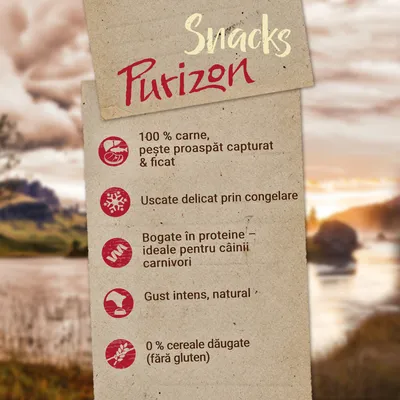 Snacks Purizon. 100 % carne, pește proaspăt capturat & ficat. Uscate delicat prin congelare. Bogate în proteine – ideale pentru câinii carnivori. Gust intens, natural. 0 % cereale adăugate (fără gluten).