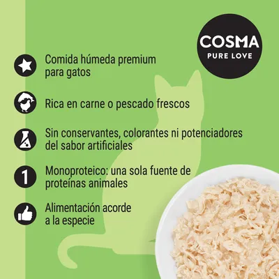 COSMA PURE LOVE. Comida húmeda premium para gatos, rica en carne o pescado frescos, sin conservantes ni colorantes, monoproteica y alimentación acorde a la especie.