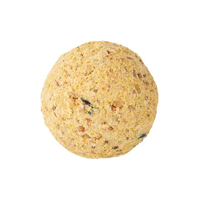 Yellow feeder ball with grains and seeds, suitable for wild birds. Round shape, visibly coarse texture.