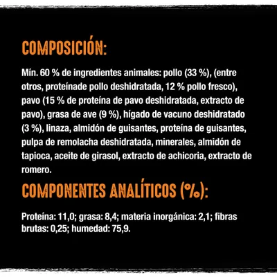 Composición: mínimo 60 % ingredientes animales, pollo 33 %, pavo 12 %, grasa de ave 9 %, hígado vacuno 3 %, linaza, guisantes, minerales. Proteína 11 %, grasa 8,4 %, humedad 75,9 %.