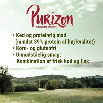 Purizon. Kød og proteinrig mad (mindst 39 % protein af høj kvalitet). Korn- og glutenfri. Uimodståelig smag: Kombination af frisk kød og fisk.