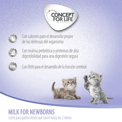 Concept for Life. Con calostro para defensas, inulina prebiótica y proteínas de alta digestibilidad, DHA para función cerebral. Leche para gatitos desde que nacen hasta los 2 meses.