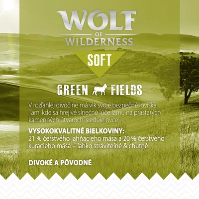 Wolf of Wilderness Soft Green Fields, vysokokvalitné bielkoviny: 21 % čerstvé jahňacie mäso, 20 % čerstvé kuracie mäso, ľahko stráviteľné a chutné. Divoké a pôvodné.