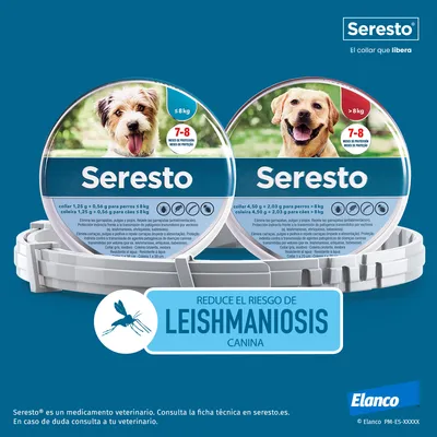Collares antiparasitarios Seresto para perros ≤8 kg y >8 kg, 7-8 meses de protección. Texto visible: 'Reduce el riesgo de leishmaniosis canina'. Marca Elanco.