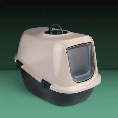 Maison de toilette pour chat en plastique avec porte battante transparente, poignée sur le dessus et clips latéraux visibles.