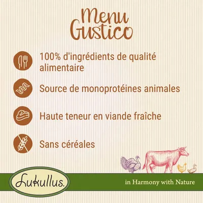 Menu Gustico : 100 % d’ingrédients de qualité alimentaire, source de monoprotéines animales, haute teneur en viande fraîche, sans céréales. Lukullus. Texte en anglais : in Harmony with Nature.