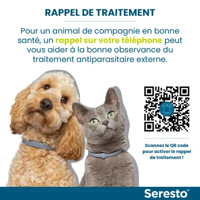 RAPPEL DE TRAITEMENT. Pour un animal de compagnie en bonne santé, un rappel sur votre téléphone peut vous aider à la bonne observance du traitement antiparasitaire externe. Scannez le QR code pour activer le rappel de traitement ! Seresto