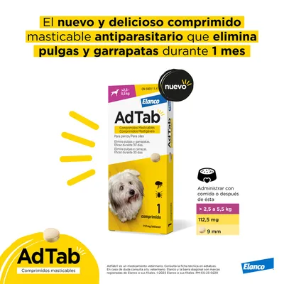 AdTab comprimidos masticables antiparasitarios para perros de 2,5 a 5,5 kg, elimina pulgas y garrapatas durante 1 mes. Administrar con comida. Caja de 1 comprimido, 112,5 mg, Elanco.