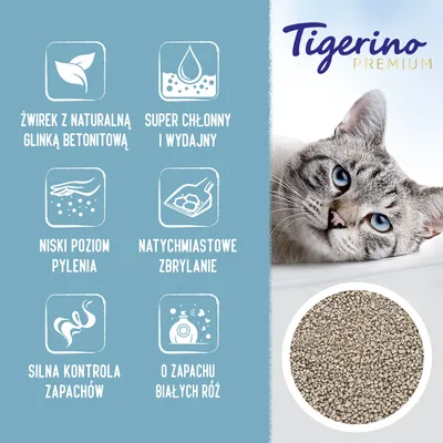 Tigerino Premium. Żwirek z naturalną glinką bentonitową, super chłonny i wydajny, niski poziom pylenia, natychmiastowe zbrylanie, silna kontrola zapachów, o zapachu białych róż.