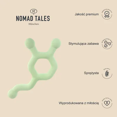 Nomad Tales München. Jakość premium, stymulująca zabawa, sprężysta, wyprodukowana z miłością – tekst widoczny na grafice obok zielonej zabawki.