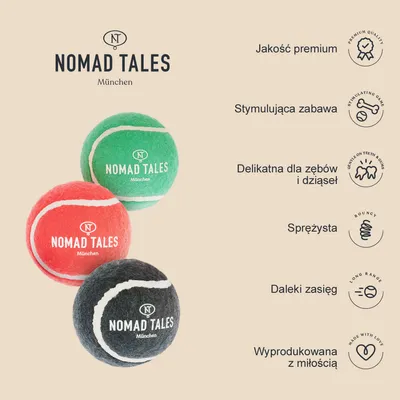 Nomad Tales München. Jakość premium, stymulująca zabawa, delikatna dla zębów i dziąseł, sprężysta, daleki zasięg, wyprodukowana z miłością. Trzy piłki: zielona, czerwona, czarna.