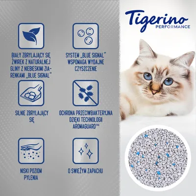 Tigerino Performance. Biały żwirek z naturalnej gliny z niebieskimi ziarenkami, silnie zbrylający się, system Blue Signal, ochrona antybakteryjna AromaGuard, niski poziom pylenia, świeży zapach.
