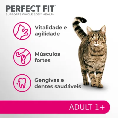 PERFECT FIT. Vitalidade e agilidade, músculos fortes, gengivas e dentes saudáveis. ADULT 1+. Imagem de um gato tigrado ao lado dos benefícios destacados.