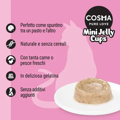 COSMA Pure Love Mini Jelly Cups. Perfetto come spuntino tra un pasto e l'altro, naturale e senza cereali, con tanta carne o pesce freschi, in deliziosa gelatina, senza additivi aggiunti.