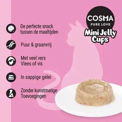 COSMA Pure Love Mini Jelly Cups. De perfecte snack tussen de maaltijden, puur & graanvrij, met veel vers vlees of vis, in sappige gelei, zonder kunstmatige toevoegingen.