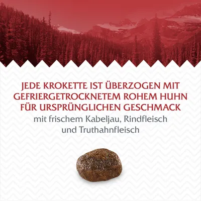 Jede Krokette ist überzogen mit gefriergetrocknetem rohem Huhn für ursprünglichen Geschmack, mit frischem Kabeljau, Rindfleisch und Truthahnfleisch.