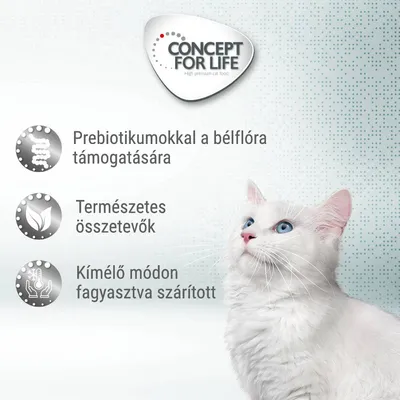 CONCEPT FOR LIFE. Prebiotikumokkal a bélflóra támogatására, természetes összetevők, kímélő módon fagyasztva szárított. Fehér macska a képen.