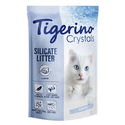 Tigerino Crystals Silicate Litter, Sensitive, 5L. Eigenschaften: klumpend, leicht, geruchsbindend, antibakteriell, staubfrei.