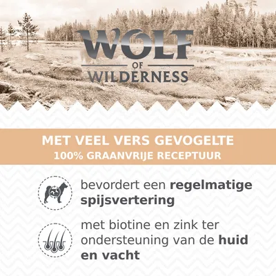 Wolf of Wilderness. Met veel vers gevogelte, 100% graanvrije receptuur. Bevordert een regelmatige spijsvertering. Met biotine en zink ter ondersteuning van de huid en vacht.