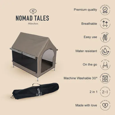 Nomad Tales München. Tent met draagtas, kenmerken: premiumkwaliteit, ademend, eenvoudig in gebruik, waterafstotend, mobiel, machinewasbaar op 30°, 2-in-1 functie, met liefde gemaakt.